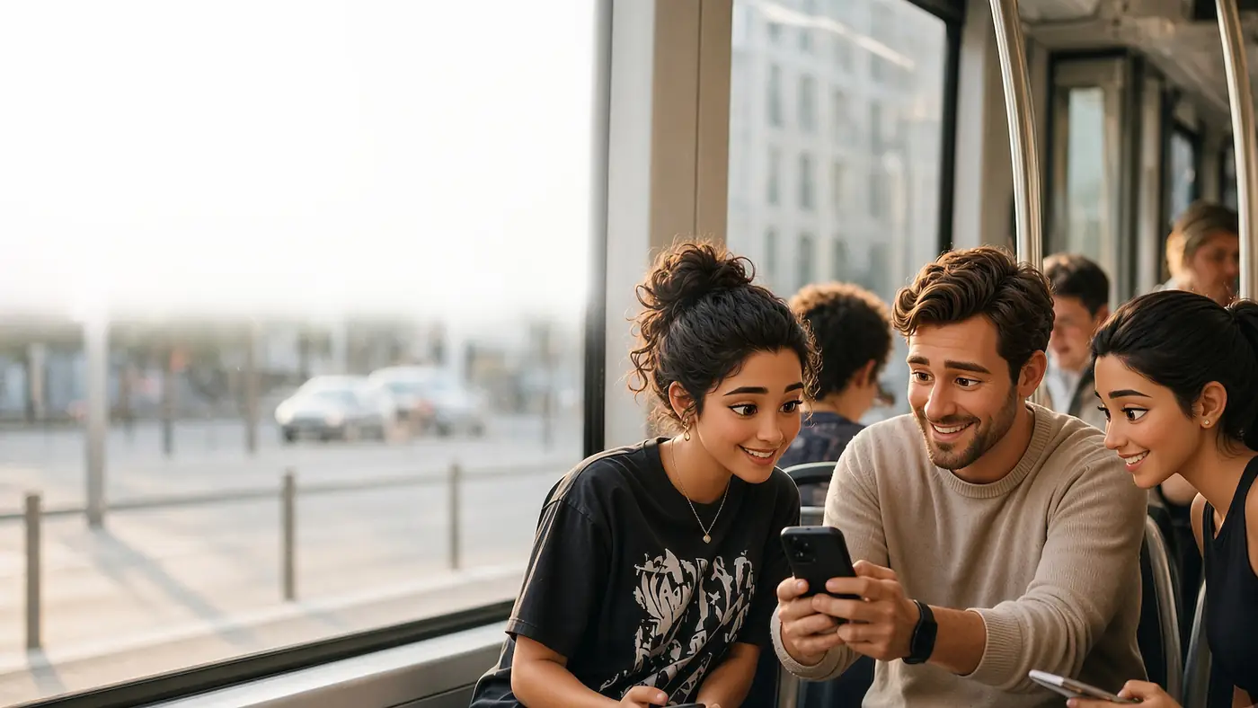 Three friends laughing over a mobile game on a tram